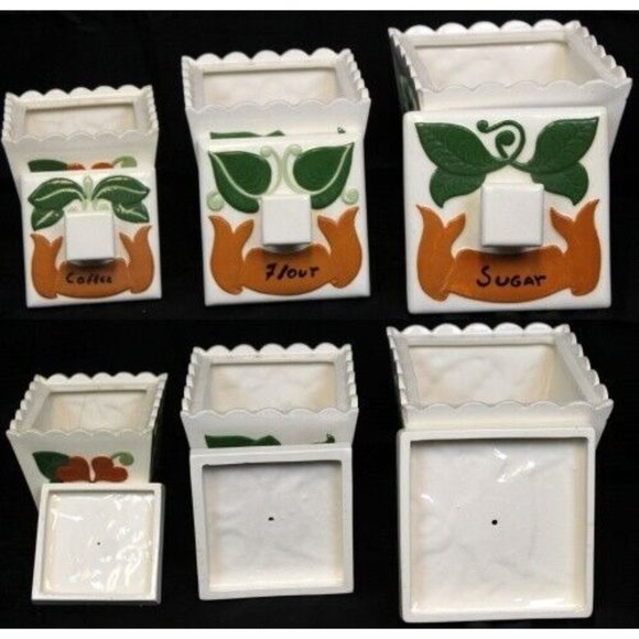 Vtg 1967 Hand Painted Ceramic Canister 6 pc Set Scalloped Edge Bird Fruit Flower - Picture 5 of 15